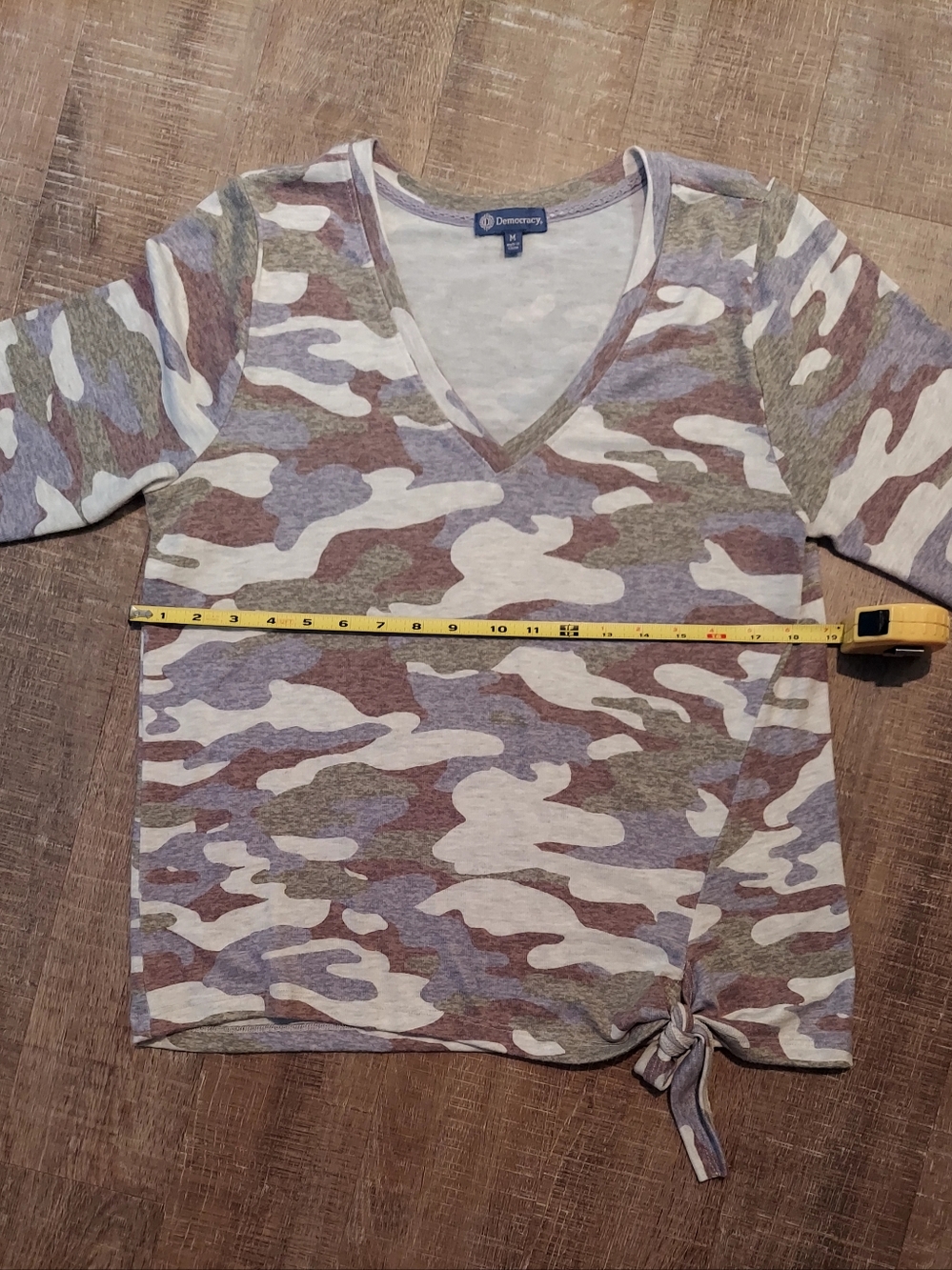 Democracy Camo V-Neck Tie-Hem Top - Green/Cream/Brown